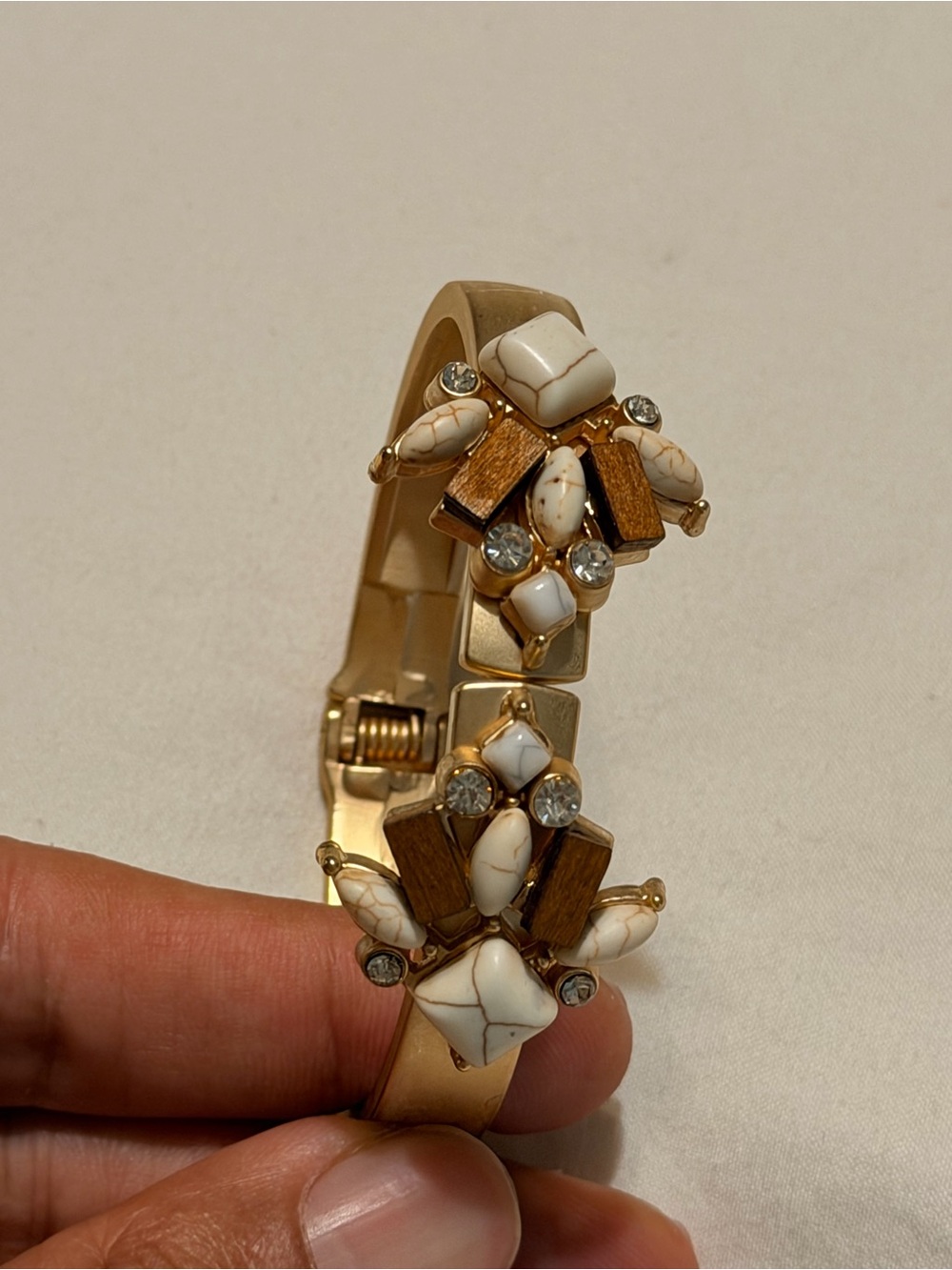 Gold Tone White Stone and Wood Accent Bracelet